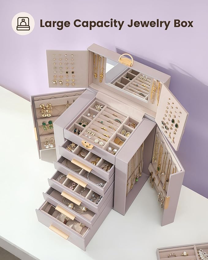 Lolalet Large Jewelry Box Organizer for Women, 6-Layer Jewelry Organizers and Storage Case with Mirror & 5 Drawers, Lockable Watch Ring Earring Bracelet Necklace Holder Girls Gift -6Layer, HazePurple