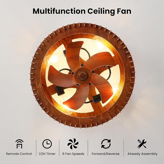 20" Flush Mount Caged Ceiling Fan with Light, Farmhouse Low Profile Ceiling Fan with Remote, Wooden Fandelier 6 Speed Quiet DC Motor, Reversible Chandelier Ceiling Fan for Bedroom Kitchen Living Room