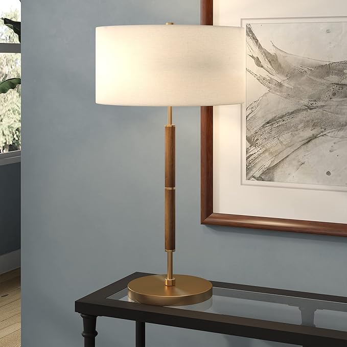 Henn&Hart 25" 2-Tone Modern 2-Light Table Lamp with White Fabric Drum Shade for Living Room, Bedroom, or Office, Medium Oak/Gold