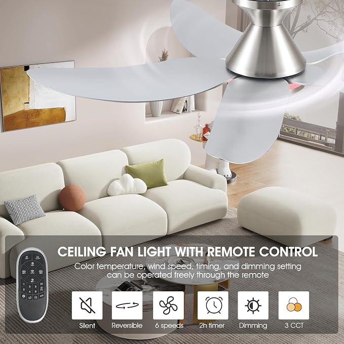 46" Ceiling Fans with Lights Remote/APP Control, Low Profile Ceiling Fans with Dimmable White Colors+Ring RGB Lights, 6 Speeds 5 Reversible Curved Blades for Kids Room Bedroom Living Room Bar, Nickel