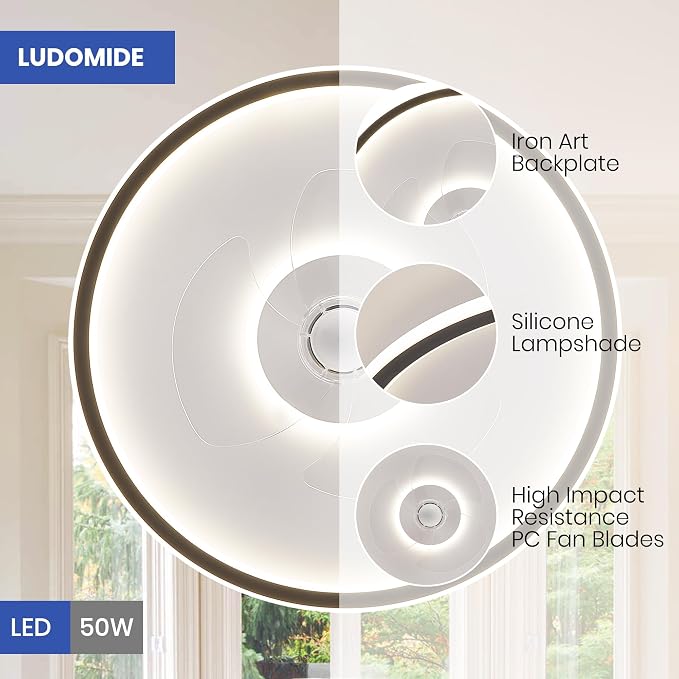 LUDOMIDE 20" Flush Mount Ceiling Fan with Lights and Remote, 6 Wind Speeds, Dimmable LED for Bedroom, Kids Room and Living Room