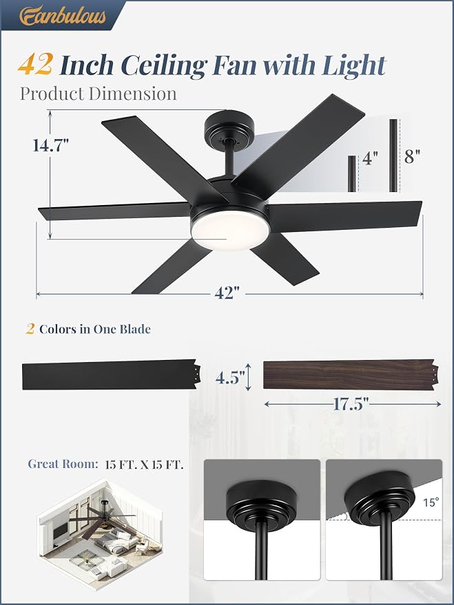 Fanbulous 42'' Ceiling Fan with Lights and Remote, Reversible 6 Blades & Dimmable 3-Color Modern Fan for Patios, DC Motor Large Ceiling Fan for Indoor or Outdoor, Black