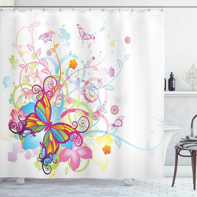 Ambesonne Butterfly Shower Curtain, Butterfly with Floral Elements and Leaves Curvy Branches Ornament Print, Cloth Fabric Bathroom Decor Set with Hooks, 69" W x 75" L, Dark Magenta