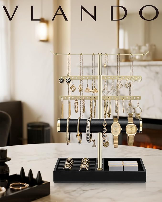 VLANDO 3 Tier Jewelry Stand Organizer with Tary, Leather Jewelry Holder Display for Women, Gold Jewlery Holder Display for Necklace, Earring, Bracelet, Rings - Black