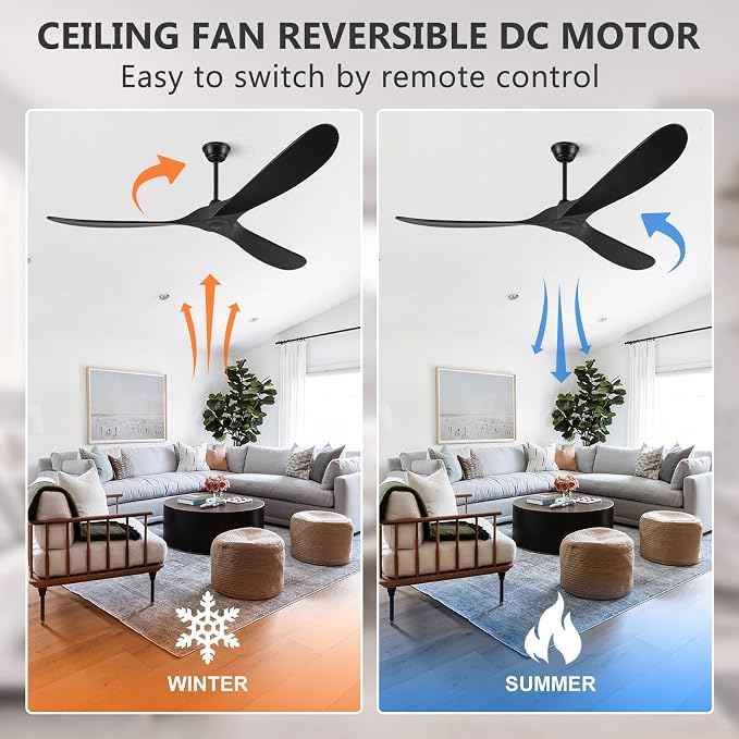 Eliora 72 Inch Ceiling Fan With Remote And Wall Switch,Large Wood Ceiling Fan Without Light 3 Blades,Outdoor Ceiling Fans 6 Speed,Quiet DC Motor for Patios-Black