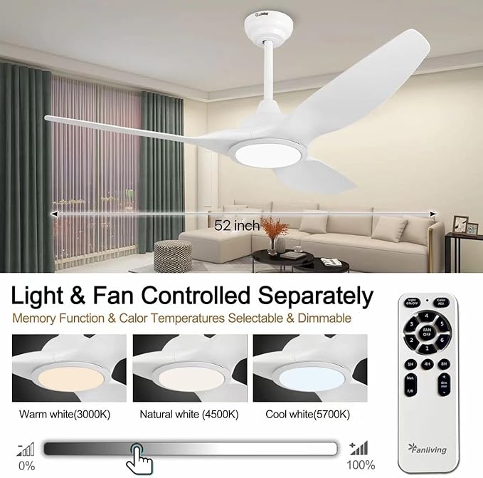 52 Inch 3 Blade Modern White Ceiling Fan with Light Remote Control | Quiet DC Motor, High CFM 6 Speed, Dimmable 3 Color LED,Indoor Ceiling Fan for Bedroom Living Room Porch