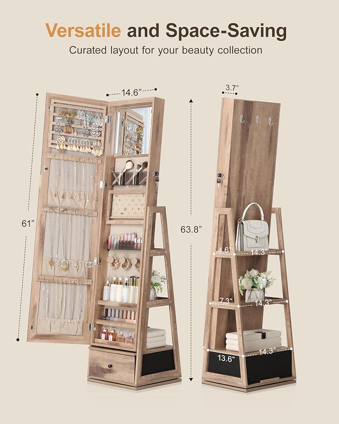 Nicetree 360° Swivel Jewelry Cabinet with Lights, Touch Screen Vanity Mirror, Rotatable Full Length Mirror with Jewelry Storage, Standing Jewelry Armoire Organizer, Foldable Makeup Shelf, Oak