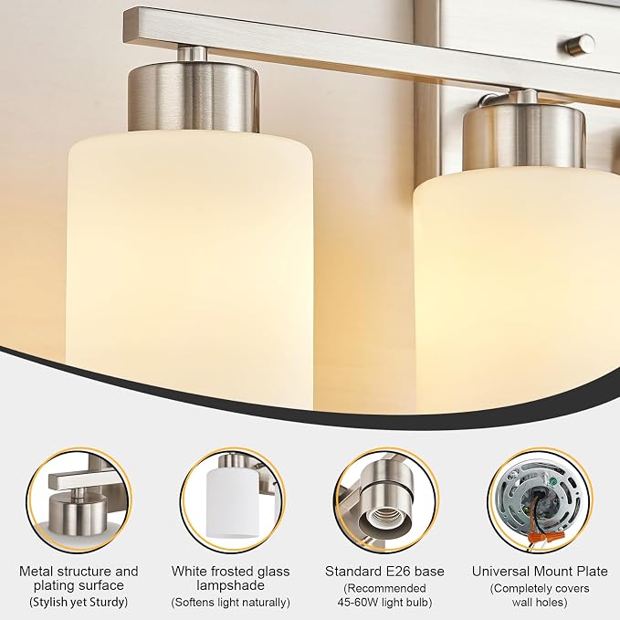 FonmYim Brushed Nickel Bathroom Light Fixtures, 4-Light Modern Vanity Light Over Mirror, Wall Sconces with Milky White Frosted Glass Shades, E26 Socket (Bulbs Not Included)