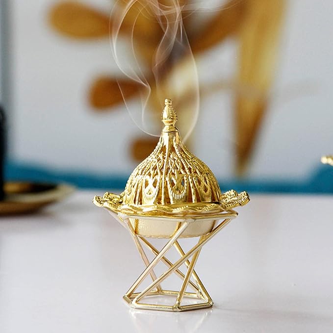 Topyond Arabic Incense Burner, Golden Metal Incense Holder, Vintage Backflow Incense Holders, Exquisite Lotus Flower Design, for Worship and Home Decor