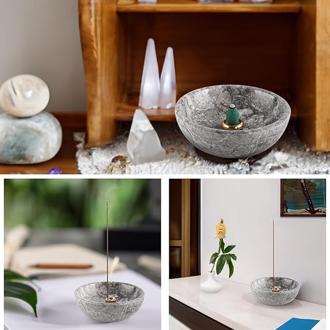 Koville Moroccan Natural Marble Incense Holder, 5inch Incense Holders for Sticks, Sturdy Incense Burner Ash Catcher, Ideal for Meditation, Relaxing, Easy to Clean(Gris Lido)