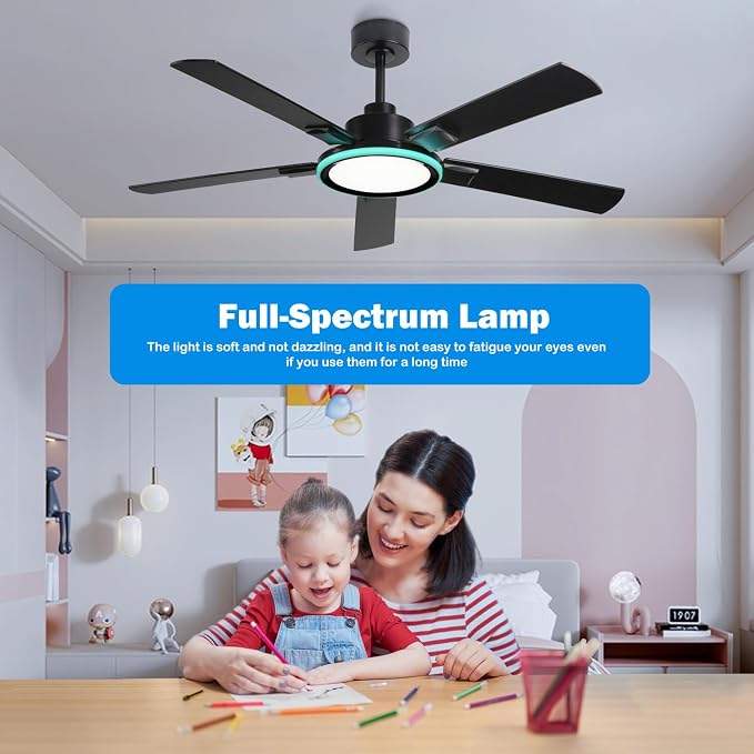 52" Ceiling Fans with Lights,Bluetooth Ceiling Fan with Speaker,6-Speed Reversible Motor,Full-Spectrum Adjustable Lighting,Edge Ambient Lights,Low Profile Ceiling Fan with Light and Remote/App Control