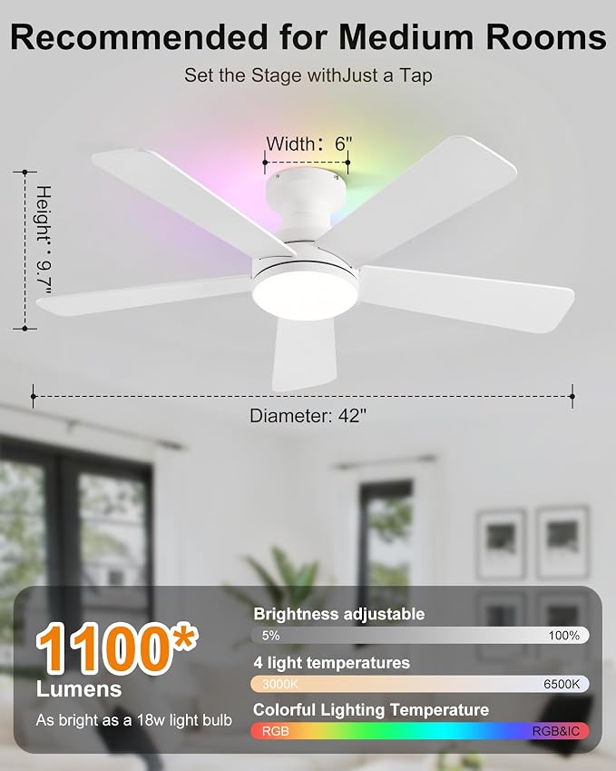 42 Inch Ceiling Fans with Lights, RGB Ceiling Fan with Light, App&Remote Control, Flush Mount Low Profile, Reversible, 3CCT, Dimmable LED, Noiseless, White Ceiling Fan for Bedroom