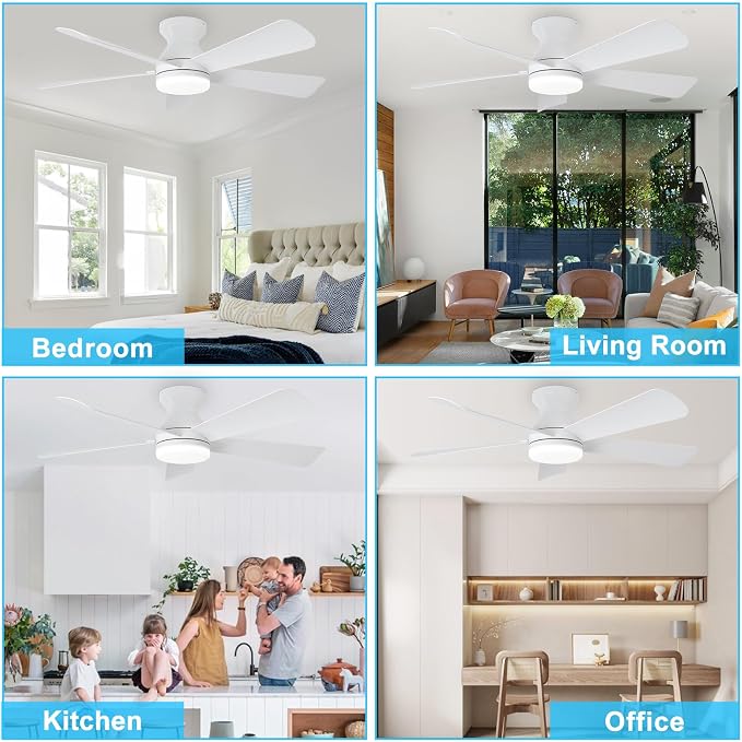 Depuley Modern Ceiling Fan with Light: 42-Inch White Small Fans for Bedroom Indoor Outdoor - Dimmable Low Profile Ceiling Fans with Remote Control Flush Mount 5 Reversible White Blades 6 Speeds Timer