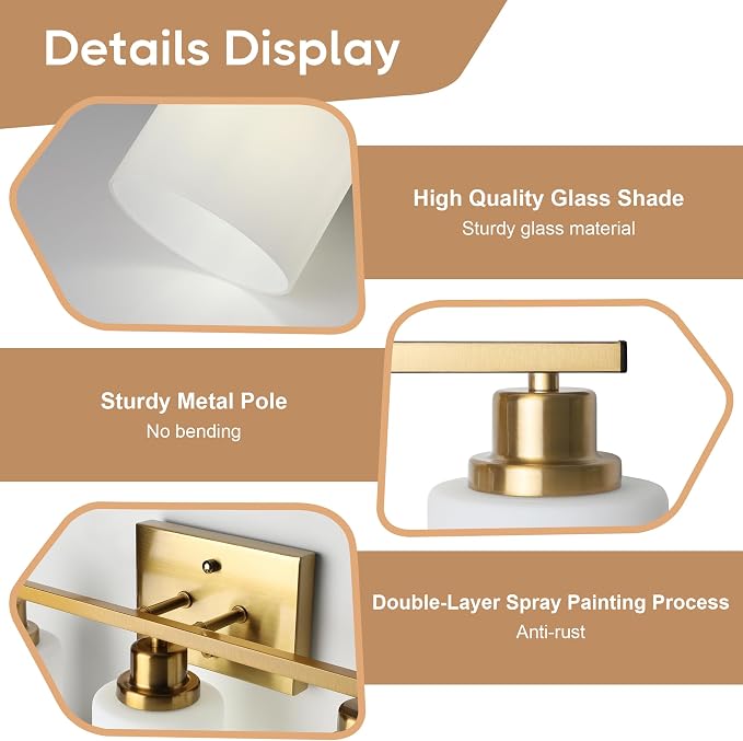 Ascher Bathroom Light Fixtures, 3-Light Vanity Light Over Mirror, Gold Wall Sconces with Milky White Frosted Glass Shades, Wall Lamp for Living Room Bedroom, E26 Base(Bulbs Not Included)