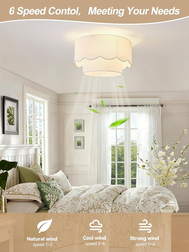 Ceiling Fan with Light, 20" Flush Mount Boho Ceiling Fans with Lights Remote Control, Low Profile Drum Fabric with 6 Speeds for Bedroom,Nursery,Living Room
