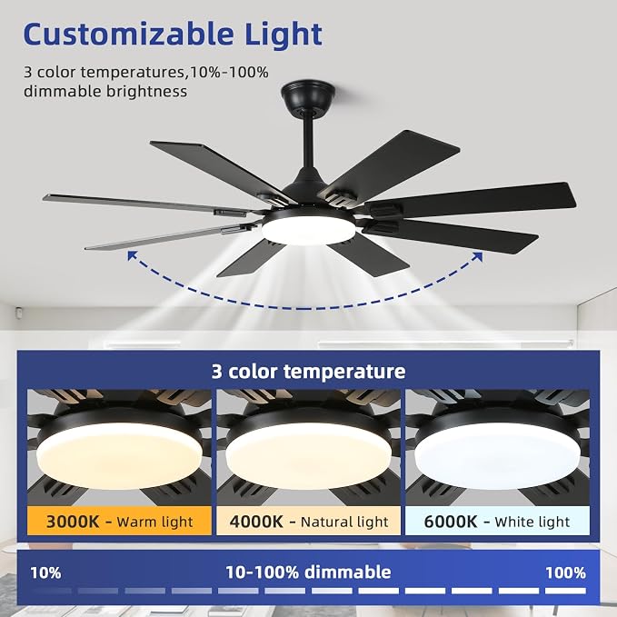 52" Ceiling Fans with Lights and Remote, Black Modern Ceiling Fan with 8 Dual Finish Blades,Quiet Reversible Motor，Farmhouse Ceiling Fan with RGB Lights for Bedroom,Living Room,Patios