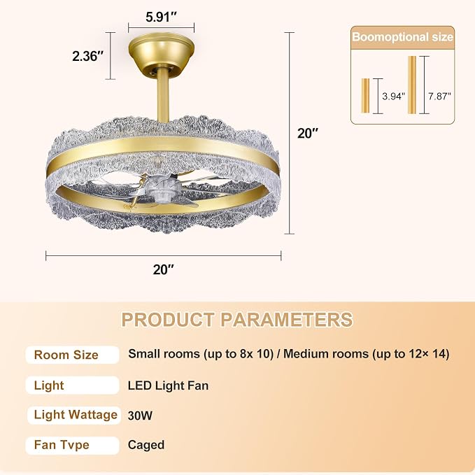 Depuley Fandelier Ceiling Fans with Lights: 20" Gold Cagd Fan with Remote Control - Crystal Chandelier Fan Light for Girl's Bedroom Living Room Nursery