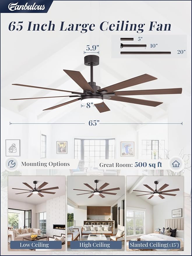 Fanbulous 65 Inch Ceiling Fan with Light and Remote, 6 Speeds Reversible DC Motor Ceiling Fans for Living Room Patio Garage, 3CCT Dimmable LED, 8 Wood Blades, Downrod Mount, Sloped Ceiling Compatible