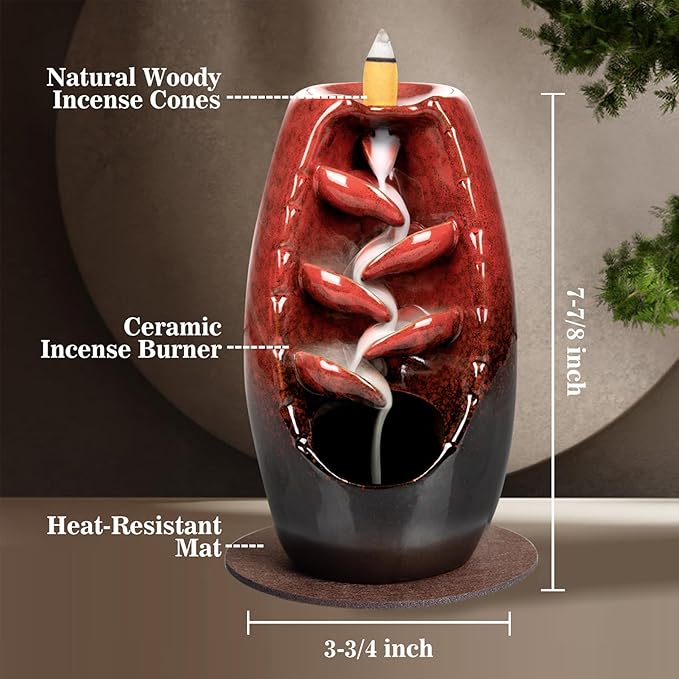 DAILYLIFE Backflow Incense Burner and Ceramic Incense Holder Waterfall, with 120 Mixed Backflow Incense Cones, 30 Incense Sticks, 1 Pad, Tweezer, Home Decor Aromatherapy Ornament, Red