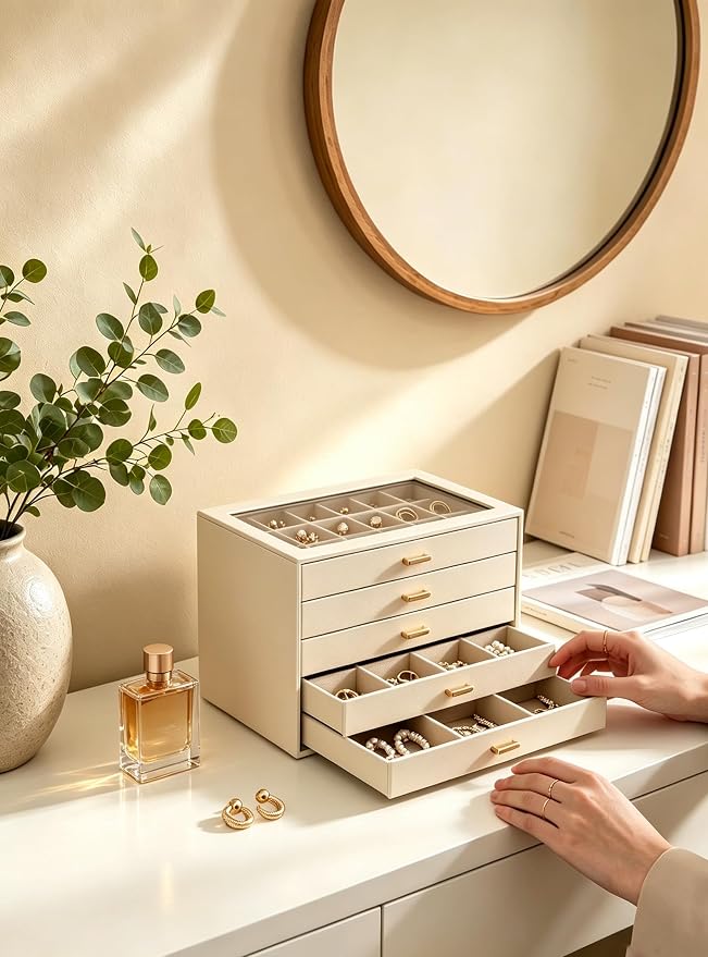 Lolalet Earring Organizer, Jewelry Box with Clear Lid -Beige, 5 Layer | PU Leather, Velvet, Removable Dividers, Dustproof, Easy Clean, For Studs Rings, Gift for Women Girls, Home Aesthetic Decor