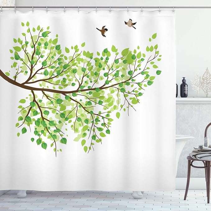 Ambesonne Hummingbird Shower Curtain, Branch with Hummingbirds in Seasonal Vivid Colors Spring Freedom Nature, Cloth Fabric Bathroom Decor Set with Hooks, 69" W x 70" L, Brown White