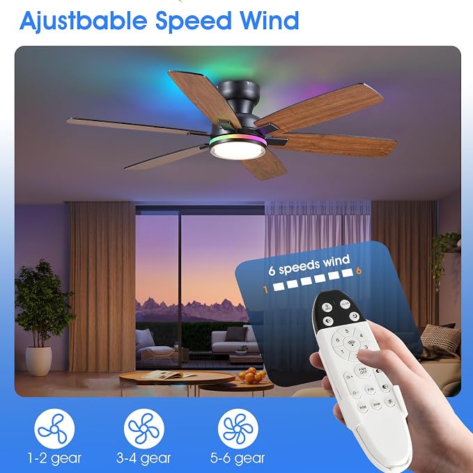 Kviflon 52" Ceiling Fans with RGB Lights, Low Profile Ceiling Fan with Remote/APP Control, Flush Mount, Double-Sided 6 Reversible Blades, RGB+3CCT Dimmable Lights, Double Lampshade for Bedroom, Brown