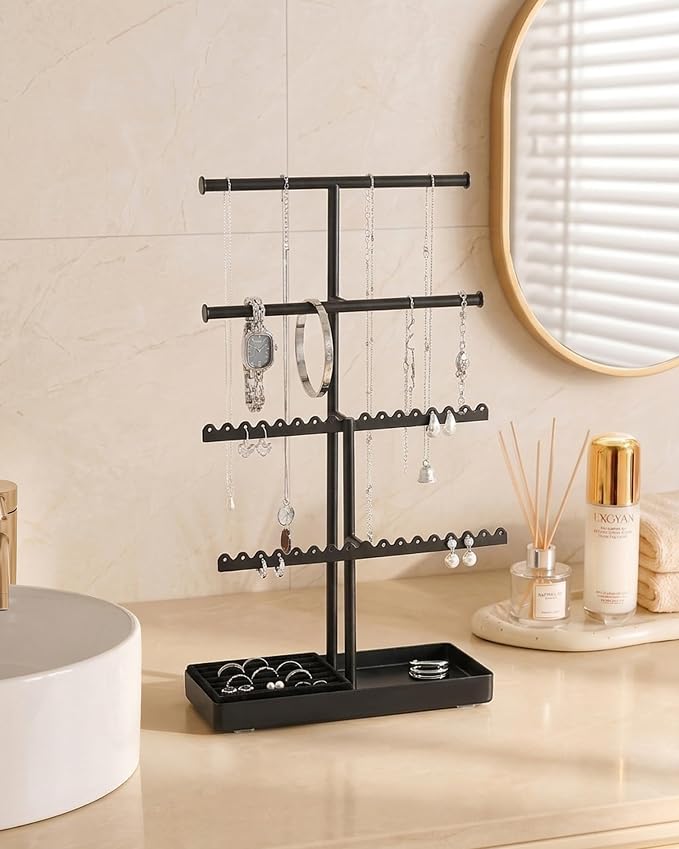 Lolalet 4-Tier Jewelry Organizer Stand, Metal Jewellery Holder, Dresser Display Rack for Necklace Earring Bracelets Rings, Gift for Women Girls -Black