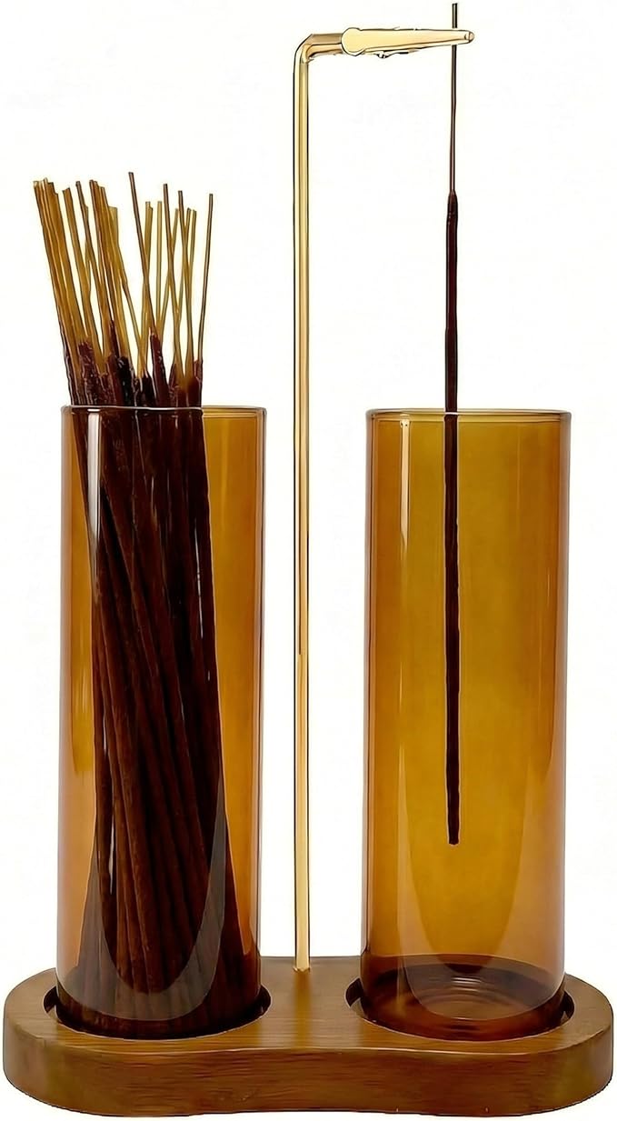 Amber Glass Incense Holder,Retro Incense Sticks Burner Holder with Storage,Hang Upside Down Incense Holder for Sticks with Glass Ash Catcher for Meditation Yoga Spa Room Decor (Amber)