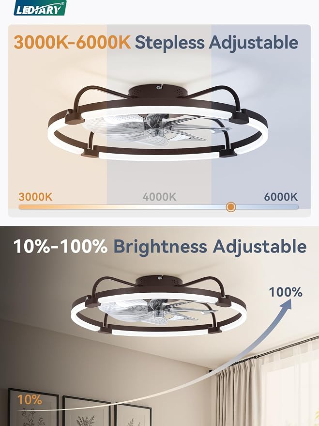 LEDIARY Ceiling Fans with Lights and Remote, 24'' Low Profile Ceiling Fan with Light, 3000-6000K Dimmable Fandelier LED Fan Light, 6 Wind Speeds, Brown Modern Flush Mount Ceiling Fan for Bedroom