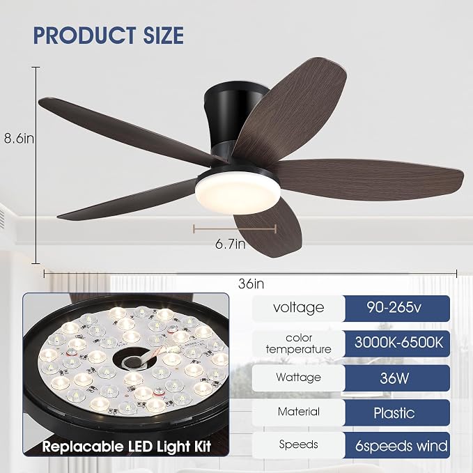 Surtime Ceiling Fans with Lights-36 Low Profile Ceiling Fan with Light and Remote/APP Control,Flush Mount,DC Reversible,LED Dimmable Modern Ceiling Fans for Bedroom,Indoor/Outdoor Patio Use(Brown)