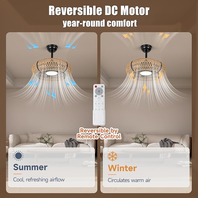 ocioc 20" Caged Ceiling Fans with Lights and Remote,Fandelier Ceiling Fan with Light,Bladeless,Quiet Reversible DC Motor,Rattan Boho Ceiling Fan for Bedroom,Living Room