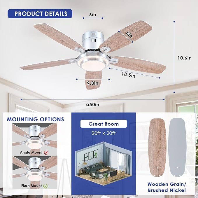 Hounberi 50 Inch Low Profile Ceiling Fans with Lights and Remote, Modern Brushed Nickel Flush Mount Ceiling Fan, 3CCT, Dimmable, Quiet DC Reversible Motor, for Bedroom Living Room Indoor/Outdoor Use