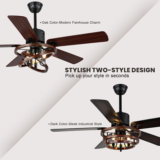 Dawn Whisper 52 Inch Farmhouse Ceiling Fans with Lights Modern Black Rustic Chandeleir Ceiling Fan for Living Room Bedroom Reversible DC Motor 6 Speeds