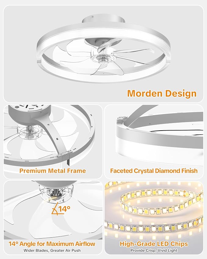 Ceiling Fans with Lights and Remote, Low Profile Ceiling Fan, Morden Flush Mount LED Fan Light, 3000K-6500K Dimmable for Bedroom, Kitchen, Living Room, Frosted, White