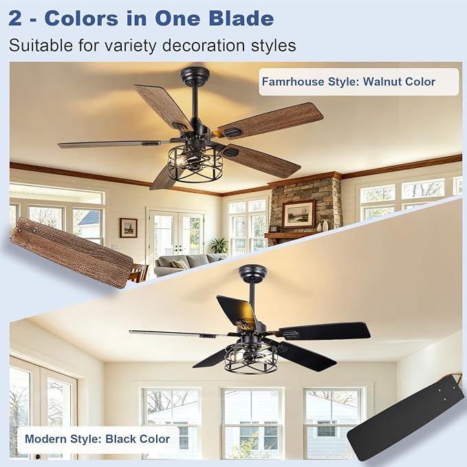 Depuley 52-Inch Ceiling Fans with Lights: Caged Ceiling Fans Dual Finish 5 Blades - Rustic Ceiling Fan with Remote Control for Farmhouse Living Room Outdoor Porch Noiseless (Black Walnut)