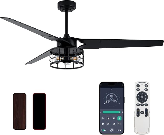 Chandelier Ceiling Fans With Lights And Remote,60 Inch Caged Ceiling Fan With Light,App 3 Blades E26 Fandelier Ceiling Fans With Lights,Crystal Ceiling Fan For Bedroom,Living Room. (Black)
