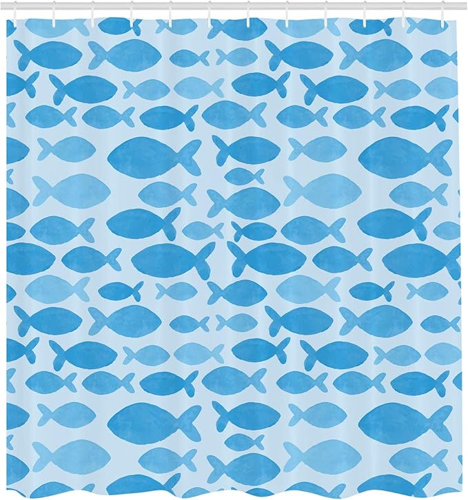 Ambesonne Fish Shower Curtain, Sea Animal in Watercolors Brushstrokes Theme Illustration, Cloth Fabric Bathroom Decor Set with Hooks, 69" W x 70" L, Deep Blue Sky