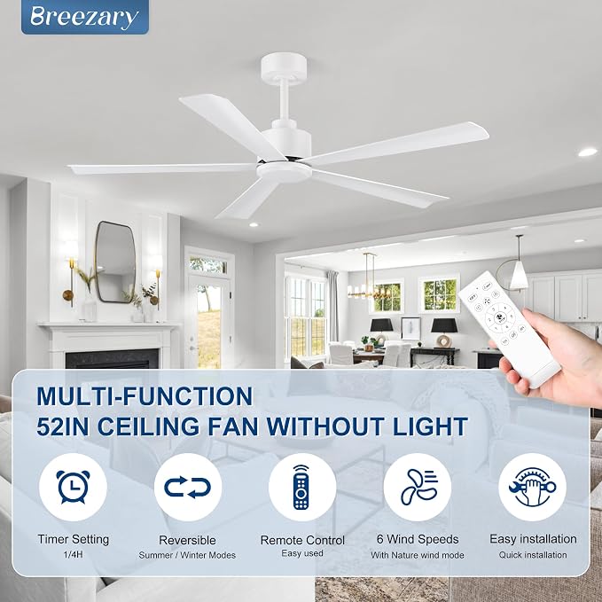 52 Inch 5 Blade Ceiling Fans without Light and Remote Control, Quiet Reversible DC Motor, 6-Speed, Modern Industrial Ceiling Fan for Home Kitchen Bedroom (White)