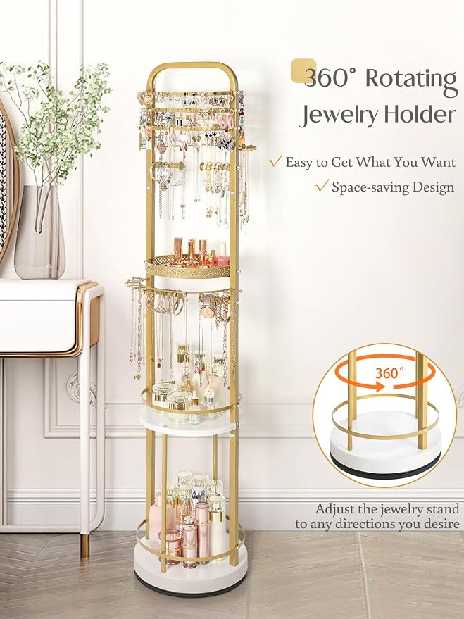 Jewelry Holder Organizer, Floor Jewelry Organizer with Earring Organizer Necklace Holder, Rotating Jewelry Stand Necklace Display Earring Storage, Large Hanging Jewelry Tree for Jewlery Bracelet Ring