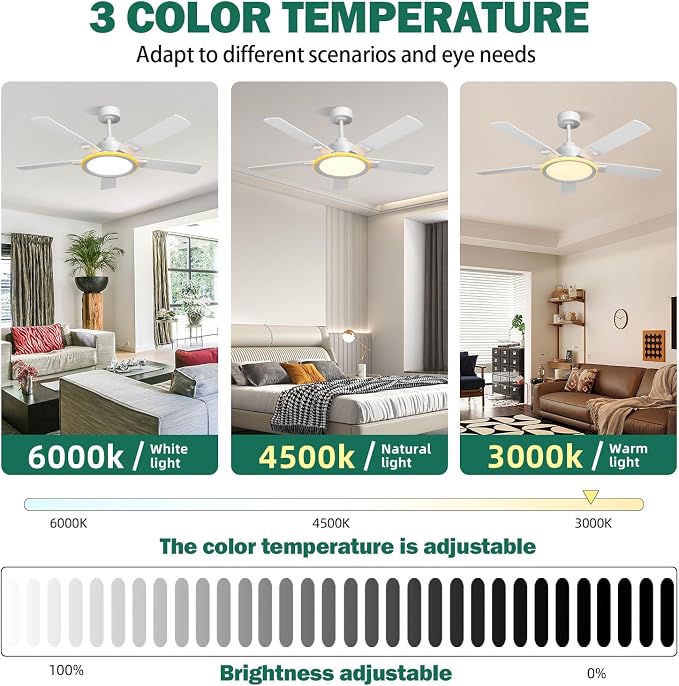 BAYSQUIRREL Smart 52" Ceiling Fans with Lights,Bluetooth Ceiling Fan with Speaker,6-Speeds DC Reversible Noiseless Motor,Full-Spectrum Eye-Care Flush Mount Ceiling Fan with Light