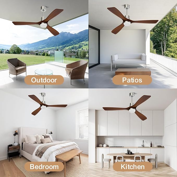 Obabala 52 Inch Ceiling Fans with Lights and Remote Control-Outdoor Ceiling Fan Walnut Wood 3 Blade for Bedroom Living Room Indoor Farmhouse Patio, Reversible Noiseless DC Motor