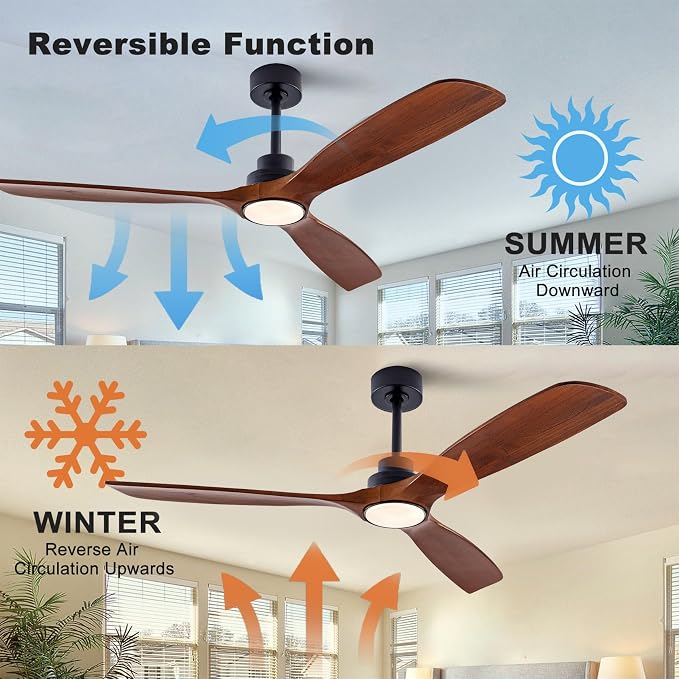 QUTWOB 60" Wood Ceiling Fan with Light, Reversible DC Motor, Remote Control | solid wood blades, quiet 6-speed reversible dc inverter motor, remote control, 3-color led, for indoor outdoor patio bedroom