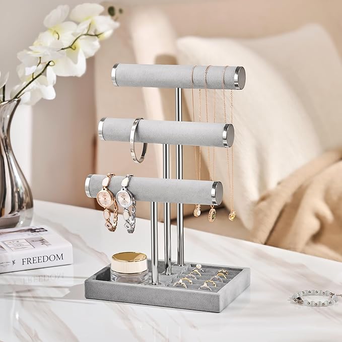 Jewelry Organizer Stand Display, 3 Tier Velvet Bracelet Holder, Grey | Jewelry Organizers and Storage | Jewelry Tree | Jewelry Towers for Necklaces, Bracelets, Earrings, Rings