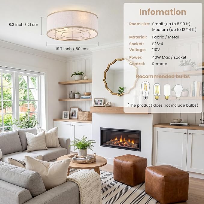 20 Inch Boho Ceiling Fan with Light, Low Profile Flush Mount Caged Ceiling Fan, Bladeless Gold Drum Chandelier with Remote, 6 Speed Reversible DC Motor for Bedroom Living Room, E26 Base