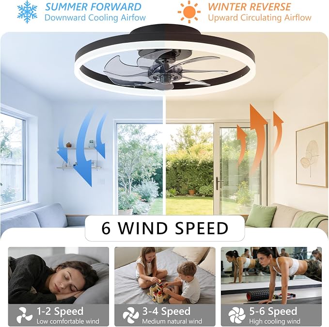 20" Low Profile Ceiling Fans with Lights and Remote & APP, Dimmable 3000-6500K LED Fandelier Ceiling Fan with Light, Modern Flush Mount Ceiling Fan Light for Living Room, Bedroom and Kitchen