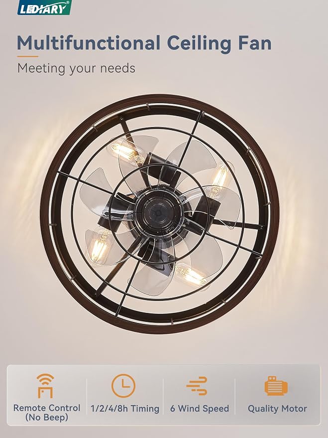 LEDIARY 16.5in Caged Ceiling Fan with Light, Bladeless Industrial Ceiling Fan with Remote, Rustic Metal Fan Lights Ceiling Fixtures for Kitchen, Farmhouse, Bedroom（6 Speed,1/2/4/8h Timing）-Walnut