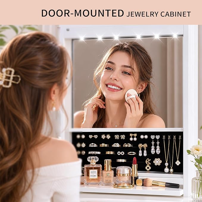 Over the Door Jewelry Organizer, Wall Mounted Jewelry Cabinet, Hanging Mirror with Storage Box, Wall/Door Mounted Full Length Mirror with LED