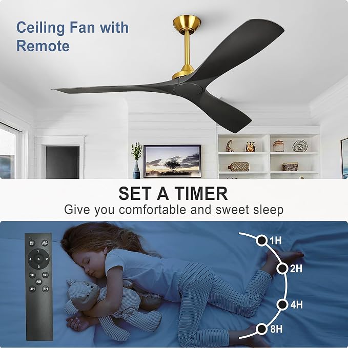 Modern Ceiling Fan with Remote: Black and Gold Ceiling Fans 3 Blades - 60 Inch Ceiling Fan No Light for Covered Outdoor Living Room Bedroom