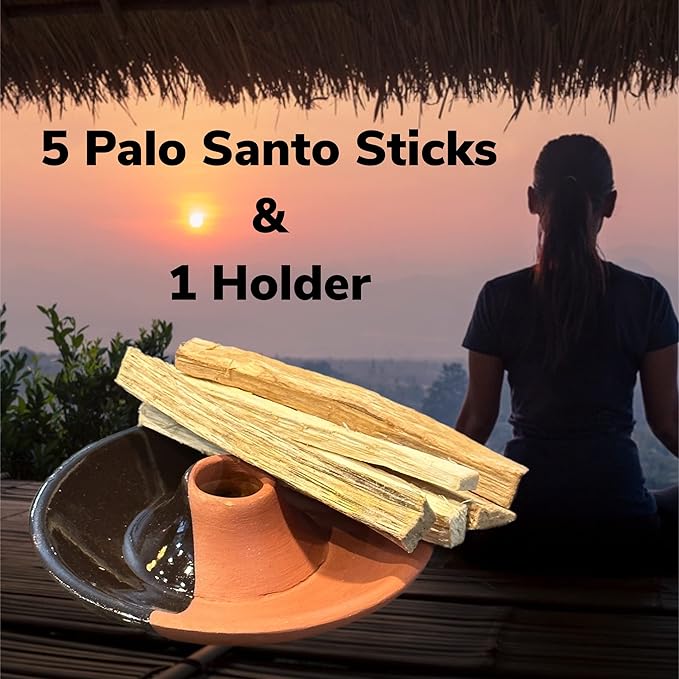Premium Collection Clay Palo Santo Holder (Two-Tone, Black & Clay Holder) and 5 Genuine Palo Santo Sticks Purification Kit Meditation Focus Healing - Sustainably Made in India