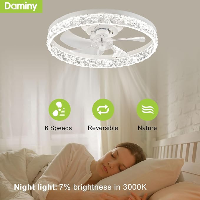 DAMINY Ceiling Fans with Lights and Remote, 6CCT,Dimmable Low Profile Ceiling Fan with Light, Flush Mount Bladeless Ceiling Fan,6 Speeds,20 inch White Modern
